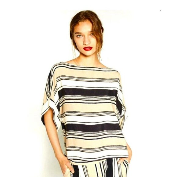 2/$30 Zara Beige & Black Striped Boat Neck Blouse Size XS - Picture 1 of 10